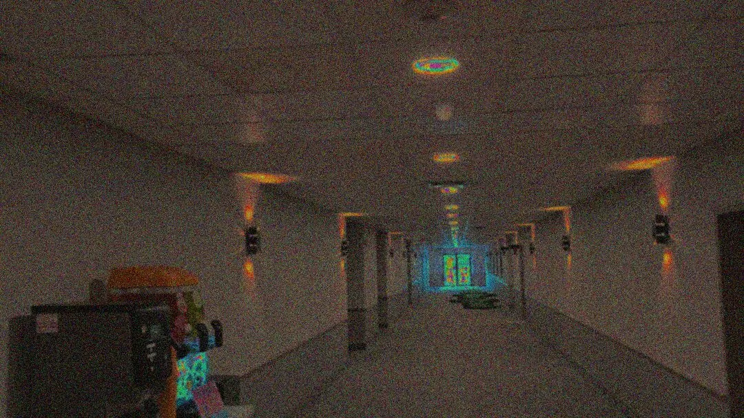 A hotel corridor in Edmonton lit by older ceiling fixtures before an LED upgrade