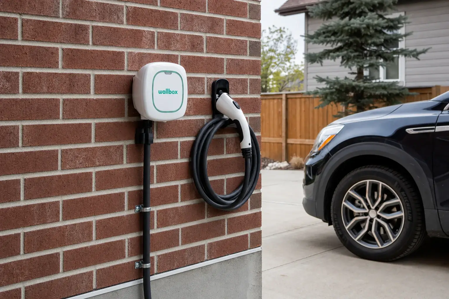 Level 2 EV charger installed on the exterior wall of an Edmonton home by Raydn Renewables
