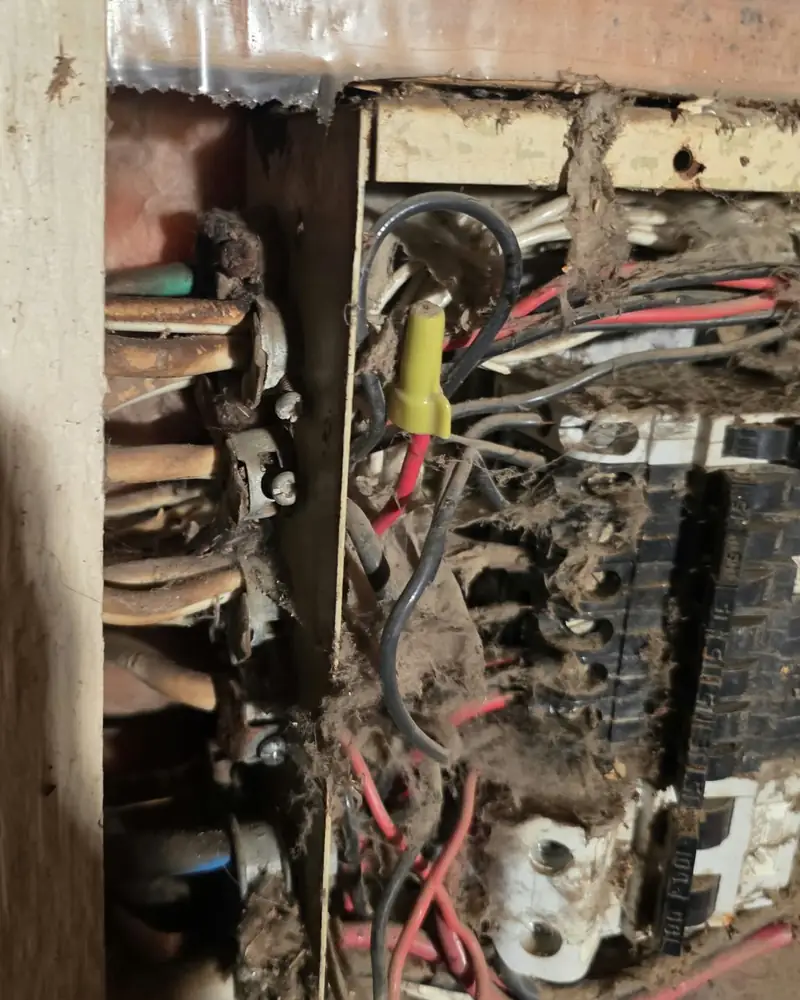 Inside the old panel, dust packed around the breakers, rust on the parts and a splice inside the box