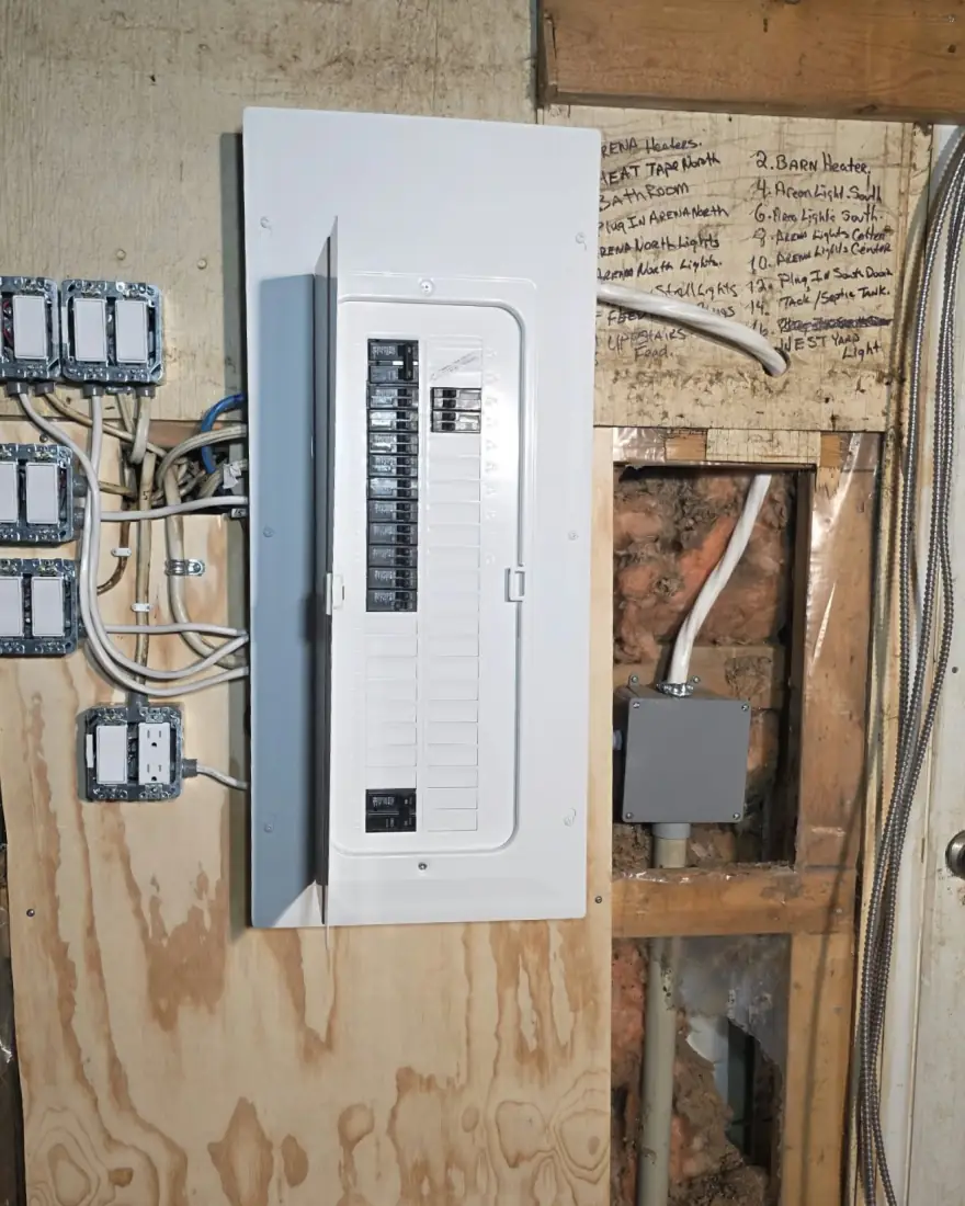 New panel mounted on the face of the same wall, with the switches moved into new boxes beside it