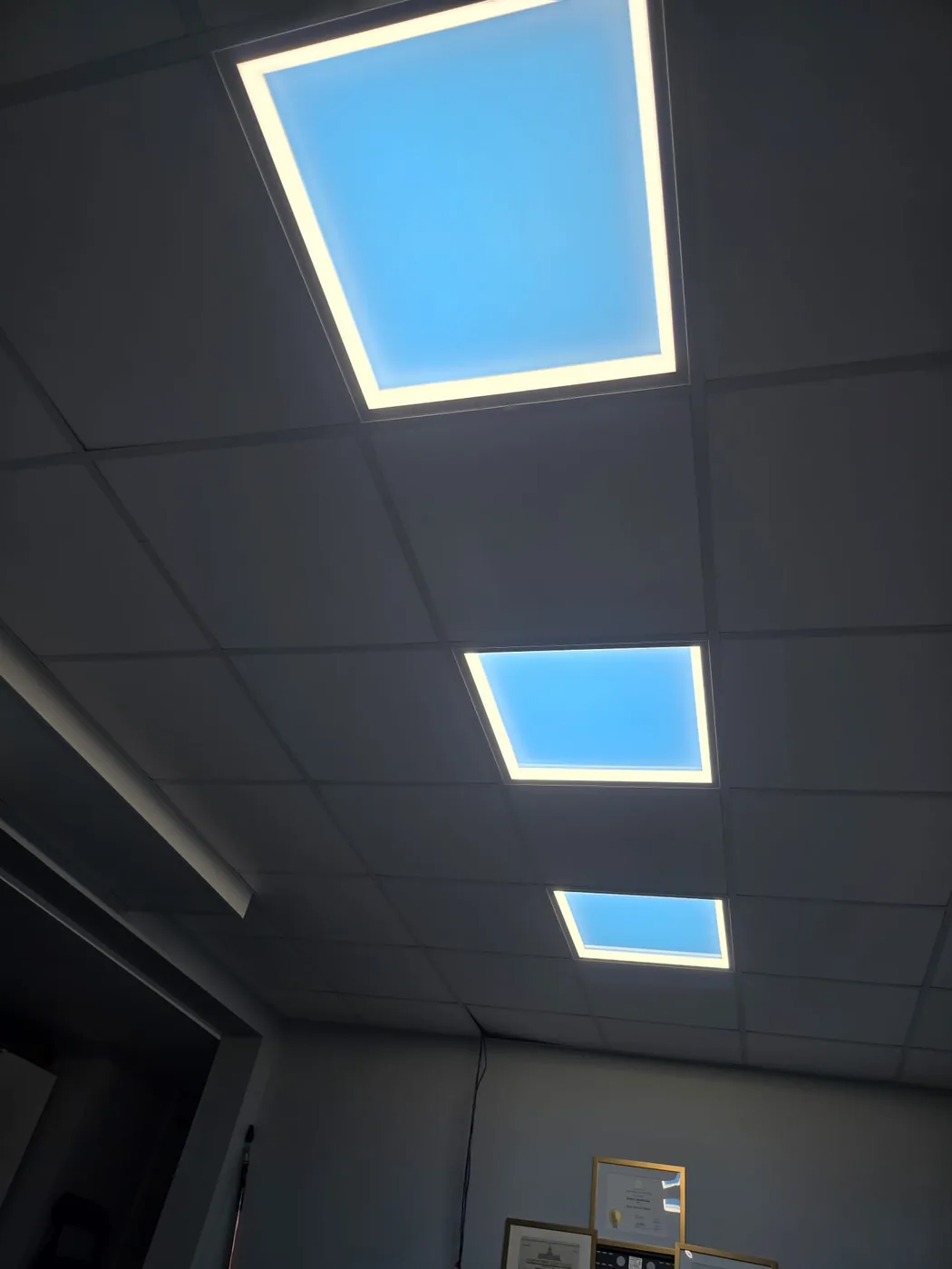 Three LED skylight panels showing blue sky in a windowless Edmonton basement ceiling