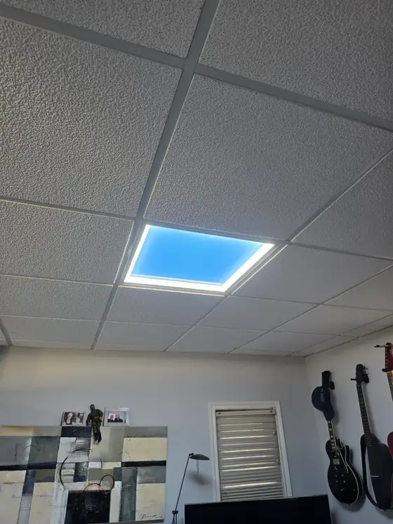 A single LED sky panel in a bedroom drop ceiling in Edmonton