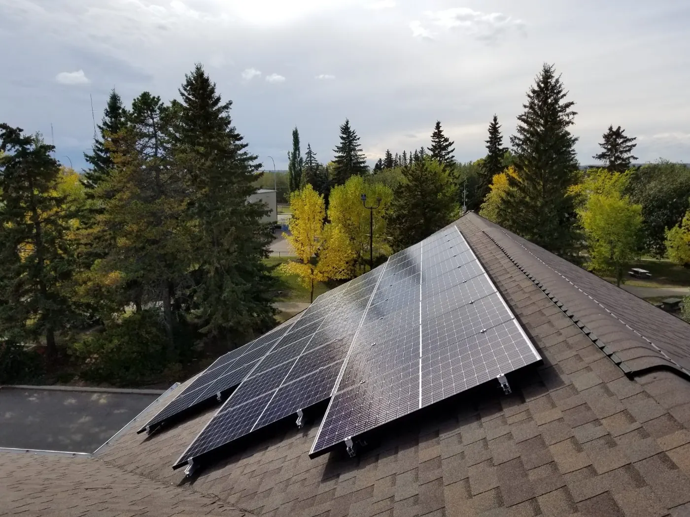 Rooftop solar array autumn aerial view Alberta