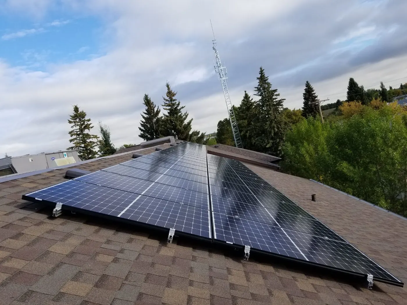 Solar panels installed rooftop aerial view Alberta 2018