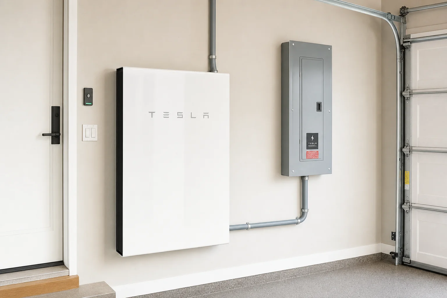 Tesla Powerwall 2 garage wall mount next to breaker panel Edmonton