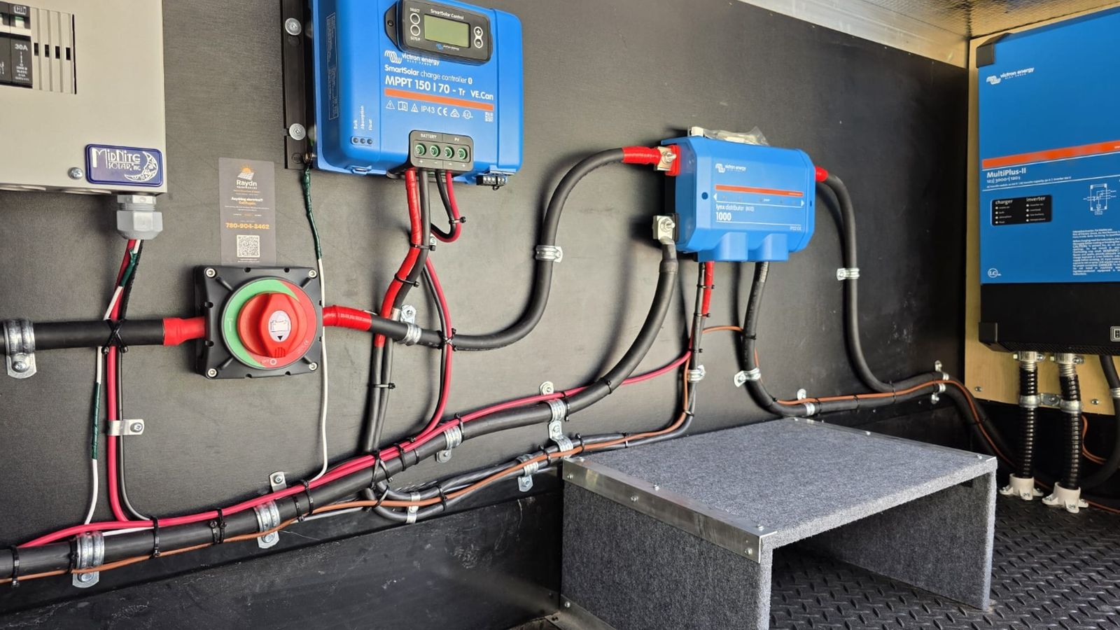 Finished RV off-grid power bay in a 2021 Glacier Peak fifth wheel with Victron MPPT, Lynx Distributor and MultiPlus-II inverter charger installed by Raydn Renewables